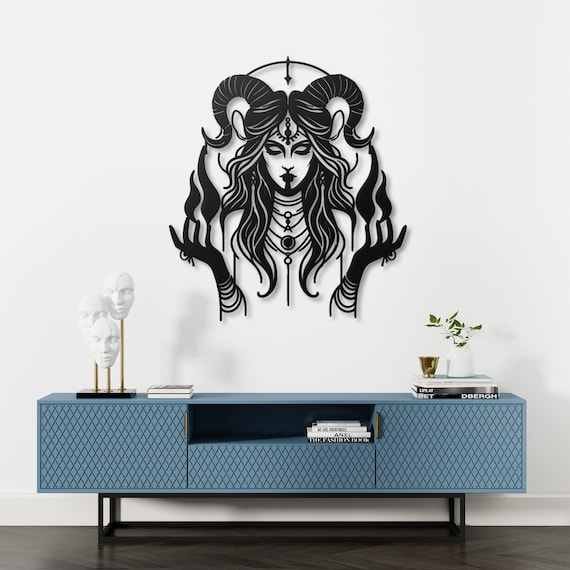 Mystical Horned Sorceress Metal Wall Art - Witchy Home Decor - Occult Themed Wall Hanging