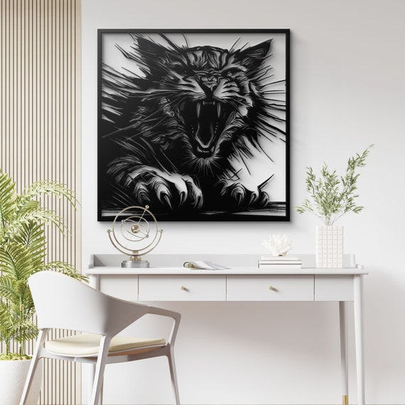 Wild Cat Metal Wall Art, Fierce Feline Decor for Living Room, Modern Wild Cat Metal Artwork for Home, Animal Art for Jungle-Themed Decor
