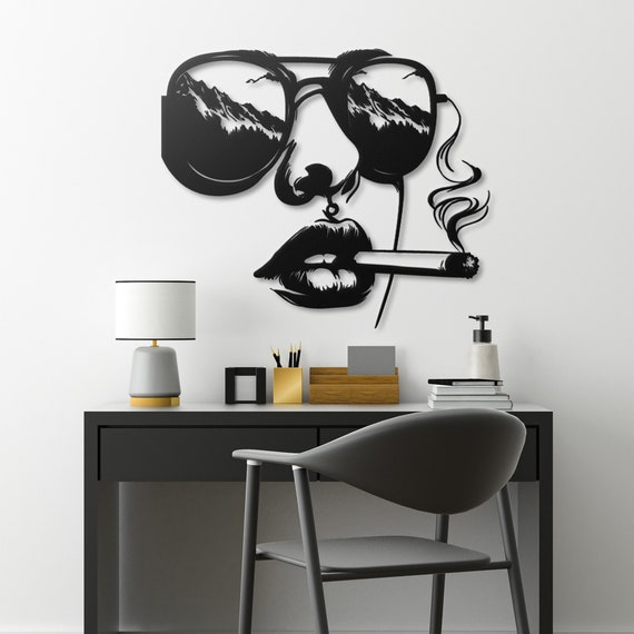 Stylish Metal Wall Art of Woman with Sunglasses and Cigarette | Cool Mountain Reflection Design