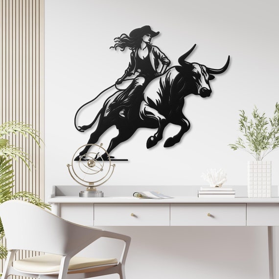 Metal Wall Art Cowgirl Bull Rider Rodeo Western Decor Ranch House Wall Hanging Farmhouse Country Home Texas Wall Art Bull Riding Sign