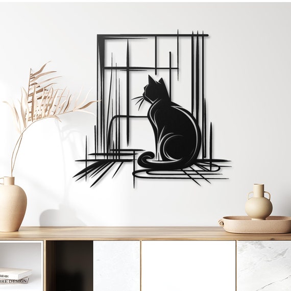 Minimalist Black Cat Metal Wall Art - Modern Line Art Home Decor for Cat Lovers