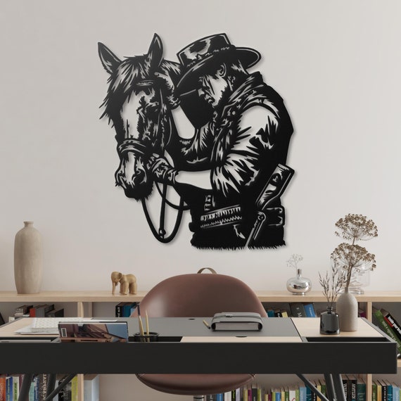 Western Cowboy and Horse Metal Wall Art, Rustic Cowboy Decor, Country Style Metal Sculpture, Farmhouse Wall Hanging, Western Themed Gift