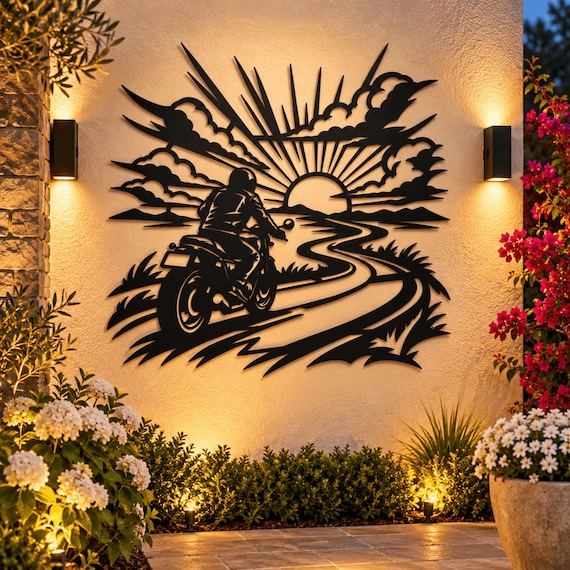 Motorcycle Metal Wall Art, Sunset Motorbike Decor, Biker Gift for Boys Bedroom, Garage or Man Cave
