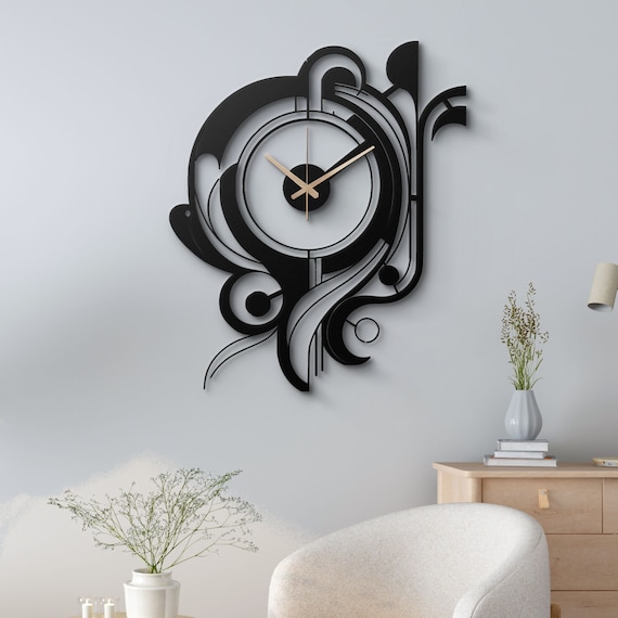 Art Deco Inspired Metal Wall Clock – Black & White Geometric Design
