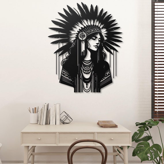 Stunning Metal Wall Art - Native American Woman Headdress | Boho Decor | Tribal Chic | Unique Home Decor | Modern Wall Art