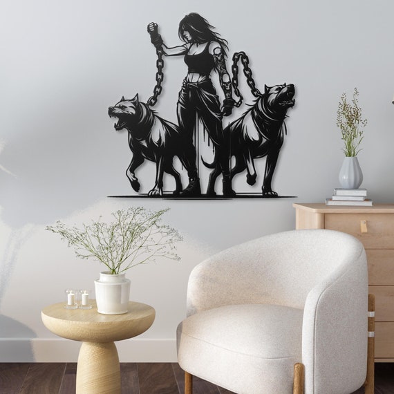 Woman with Two Fierce Dogs | Metal Wall Art | Strong and Powerful Decor | Edgy Home Wall Hanging | Modern Art for Living Room | Unique Gift