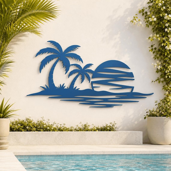 Tropical Sunset Metal Wall Art, Palm Tree Ocean Scene Decor, Boho Beach House  Poolside Outdoor Hanging, Mid Century Modern Coastal Gift ,
