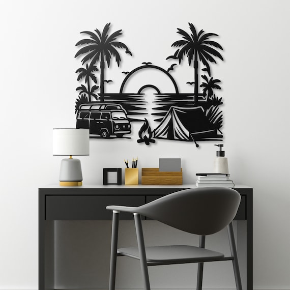 Sunset Beach Camping Metal Wall Art - Van, Tent & Palm Trees Decor