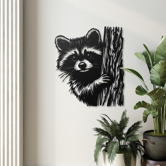 Adorable Raccoon Metal Wall Art - Rustic Animal Decor, Forest-Themed Wildlife Metal Wall Hanging, Raccoon Wall Sculpture for Nature Lovers