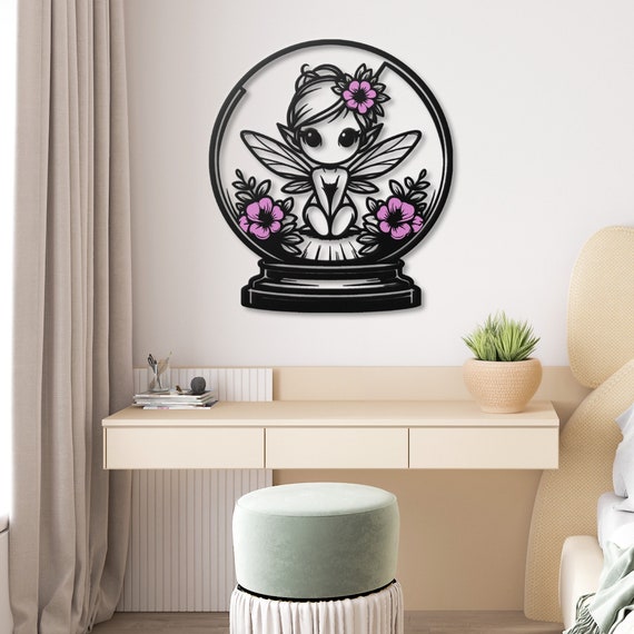 Fairy in Snow Globe Metal Wall Art, Cute Fantasy Fairy Decor, Enchanting Floral Metal Sculpture, Whimsical Wall Hanging, Magical Home Gift