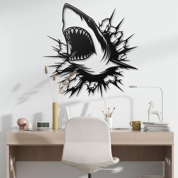 Shark Attack Metal Wall Art - Modern Shark Wall Decor, Bold Shark Burst Wall Sculpture, Unique Nautical Home Decor