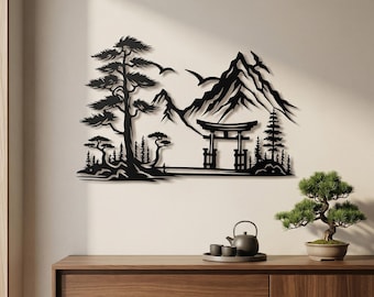 Puerta Torii japonesa, paisaje de montaña, arte mural de metal, decoración zen para el hogar y la oficina.