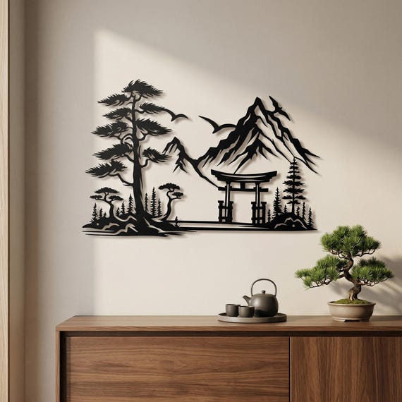 Japanese Torii Gate Mountain Landscape Metal Wall Art - Zen Decor for Home and Office