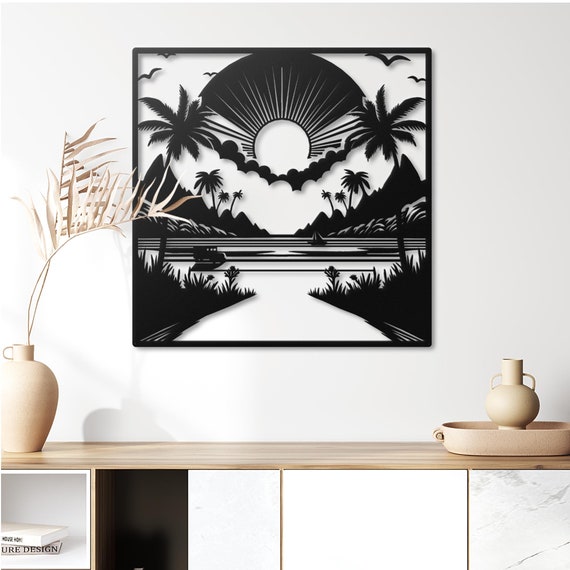 Sunrise Metal Wall Art - Palm Trees and Mountains Landscape