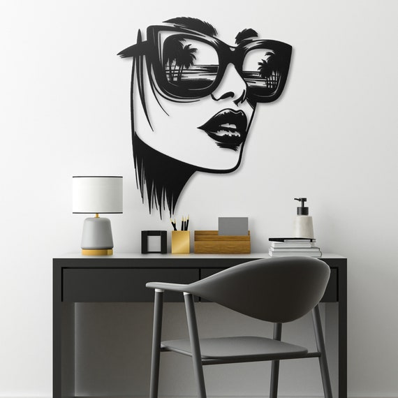 Chic Woman with Sunglasses Metal Wall Art | Palm Tree Reflection | Modern Minimalist Decor