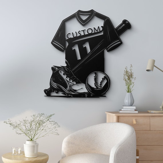 Personalized Baseball Jersey, Bat, and Cleats Metal Wall Art – Custom Number Sports Decor, Gift for Baseball Lovers