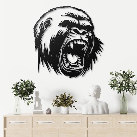 Fierce Gorilla Metal Wall Art, Wild Animal Decor, Bold Gorilla Head Metal Sculpture, Jungle Themed Home Decor, Unique Metal Art Gift Monkey