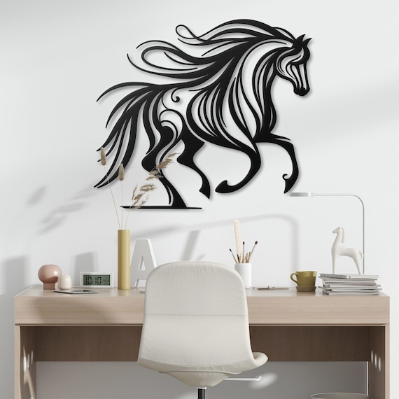 Elegant Black Metal Horse Wall Art - Modern Home Decor, Abstract Animal Sculpture, Equestrian Gift
