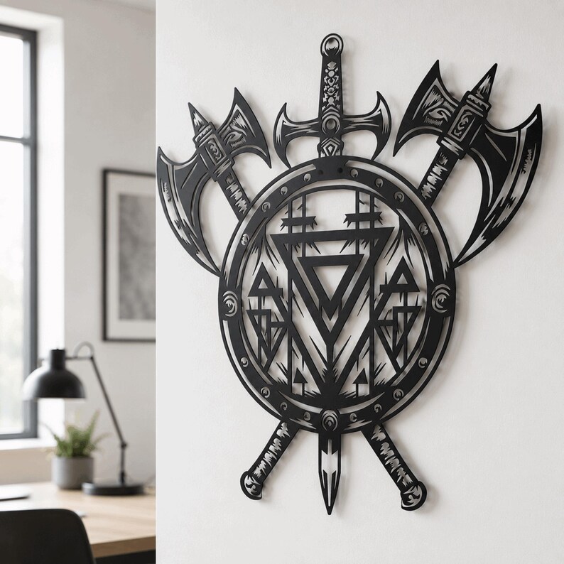 May include: A black metal wall art piece featuring a circular shield design centred behind two crossed battle axes and a vertical sword. The shield displays intricate geometric patterns, including multiple triangles and sharp, angular lines.