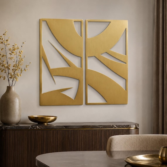 Abstract Metal Wall Art, 2 Piece Geometric Wall Decor, Modern Wall Sculpture, Minimalist Living Room Dining Room Decor