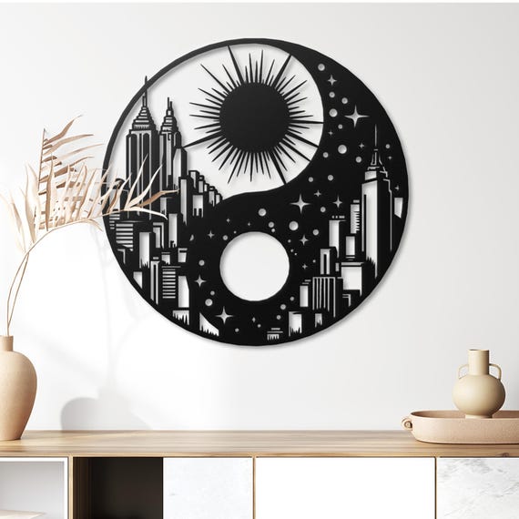 Yin Yang Cityscape Metal Wall Art: Modern Home Decor
