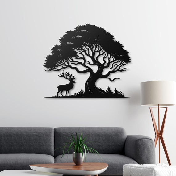 Deer and Tree Silhouette Metal Wall Art | Rustic Nature Decor | Woodland Wall Hanging | Home Decor Gift | Large Stag Metal Art