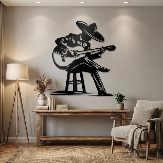 Mariachi Guitarist Metal Wall Art, Mexican Musician Decor