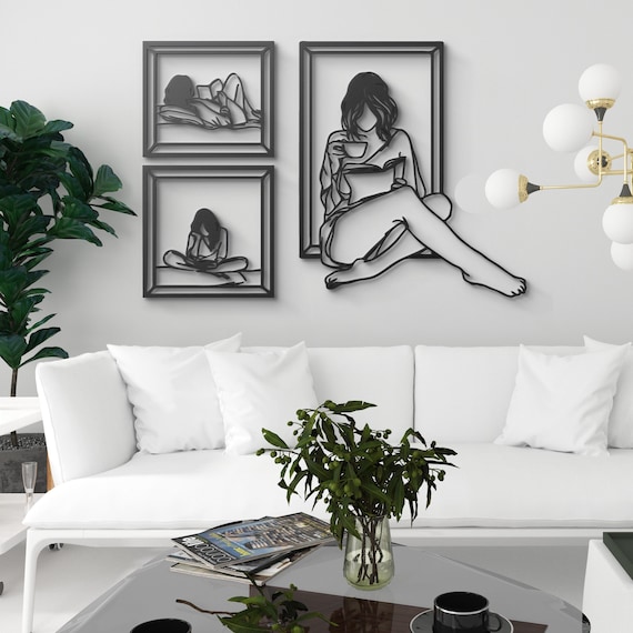 Relaxing Reading Metal Wall Art Set | Modern Minimalist Wall Art with Woman Reading | Cozy Coffee and Book Lover Decor