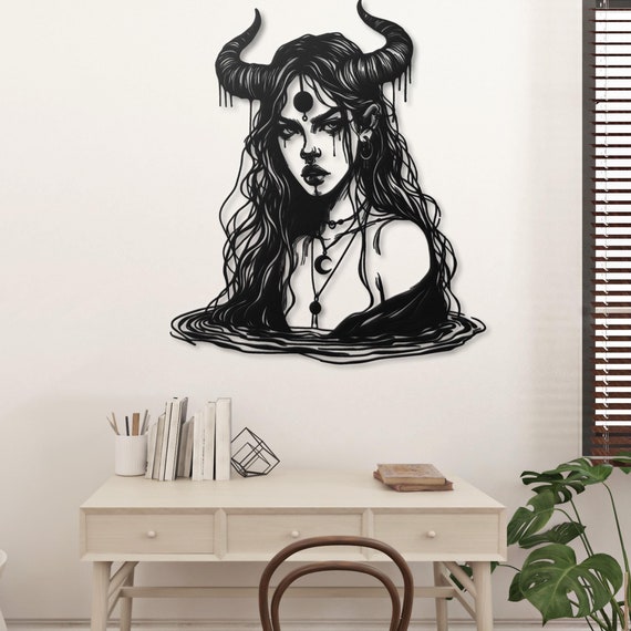 Horned Woman Metal Wall Art Gothic Succubus Decor Dark Fantasy Witchy Aesthetic Occult Pagan Symbol Spooky Moody Wall Hanging Unique Gift
