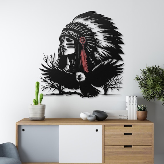Native Spirit Metal Wall Art | Tribal Chief Eagle Decor | Indigenous Inspired Accent | Boho Gift