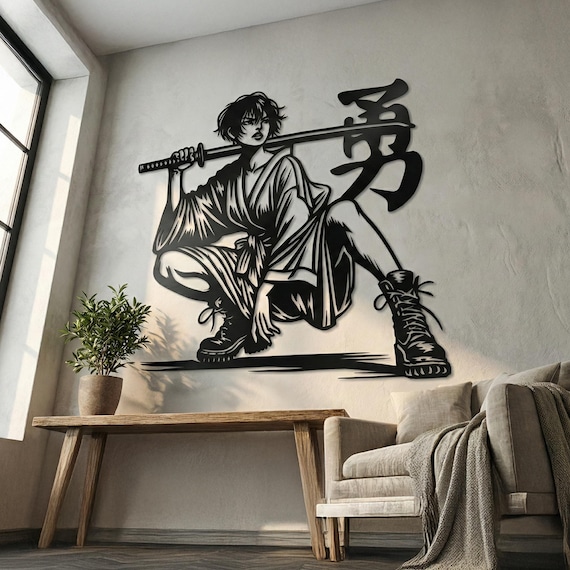 Metal Samurai Warrior Wall Art – Japanese Katana Sword Silhouette, Laser Cut Steel Samurai Decor, Anime Inspired Metal Wall Sculpture