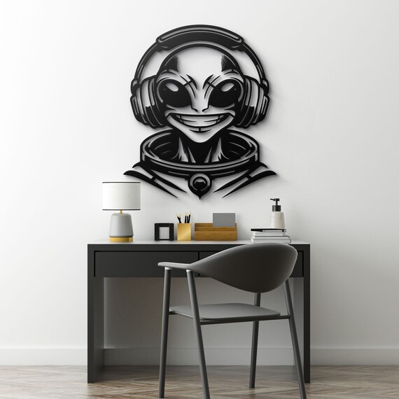 Alien with Headphones Metal Wall Art | Unique Sci-Fi Decor | Cool Alien Art | Metal Silhouette Art | Fun Home Decor