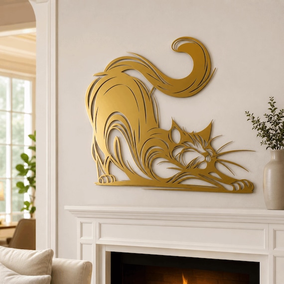 Stretching Cat Metal Wall Art: Playful Feline Decor ,