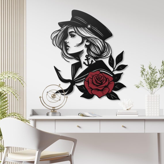 Nautical Woman Metal Wall Art with Anchor and Rose, Nautical Sailor Decor, Vintage Tattoo Style Metal Art for Home & Office