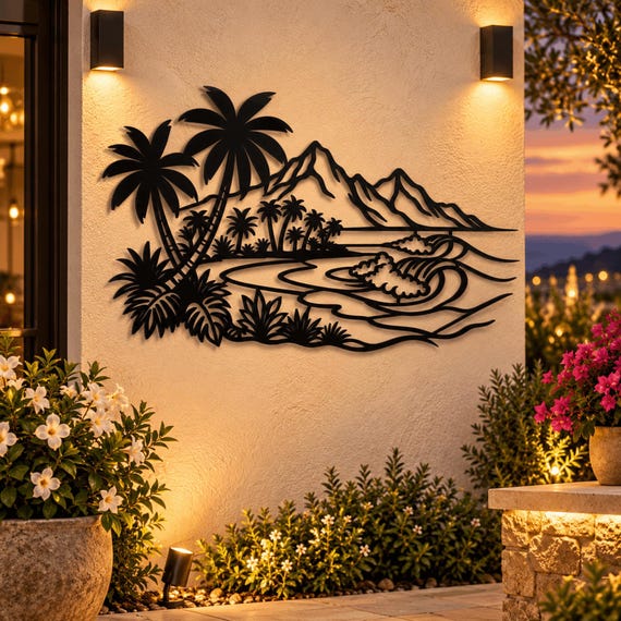 Tropical Beach Metal Wall Art, Palm Tree Ocean Wave Decor, Coastal Island Wall Decor, Beach House Art, Surfer Gift, Nature Decor