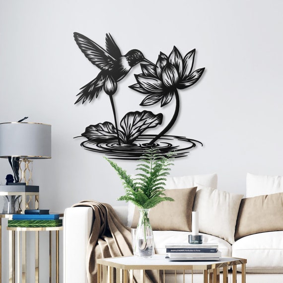 Elegant Hummingbird & Lotus Metal Wall Art - Black Steel Nature Decor for Home  Office