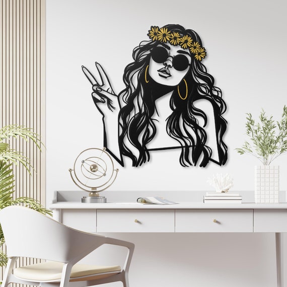 Hippie Chic Metal Wall Art - Peace Sign with Daisy Flower Headband | Boho Room Decor