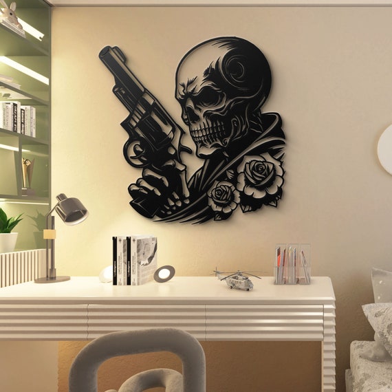Skull and Gun Metal Wall Art - Gothic Skull Decor, Modern Skeleton Art, Dark Aesthetic Home Décor, Unique Wall Hanging, Edgy Home Accent