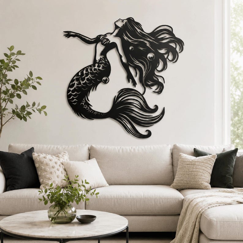 Escultura de pared de sirena de metal para decoración costera del hogar, escultura oceánica imagen 11