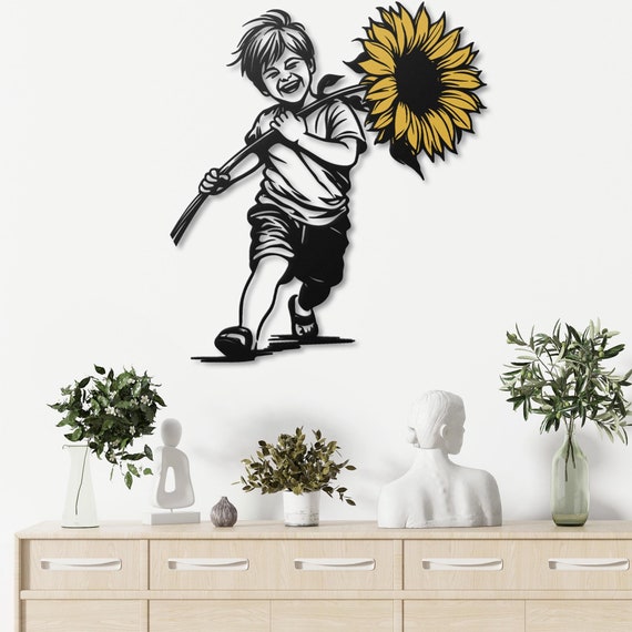 Metal Wall Art of Child with Sunflower – Unique Home Décor, Nursery Decoration