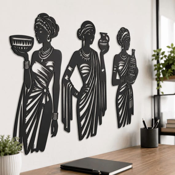 Black Metal African Woman Wall Art: Ethnic Tribal Wall Decor