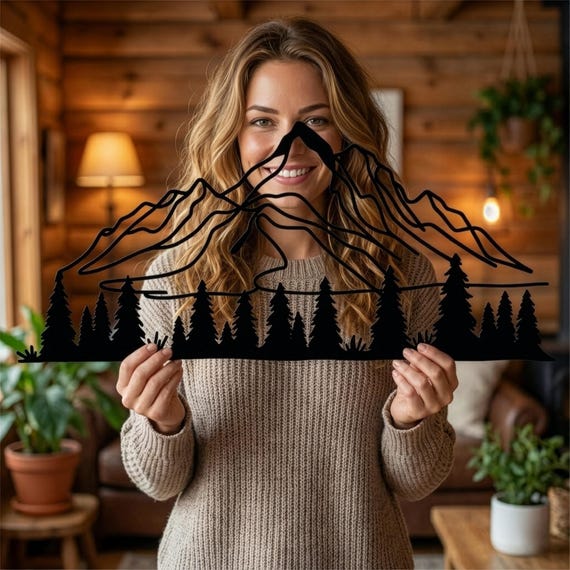 Metal Mountain and Pine Tree Wall Art: Nature Decor
