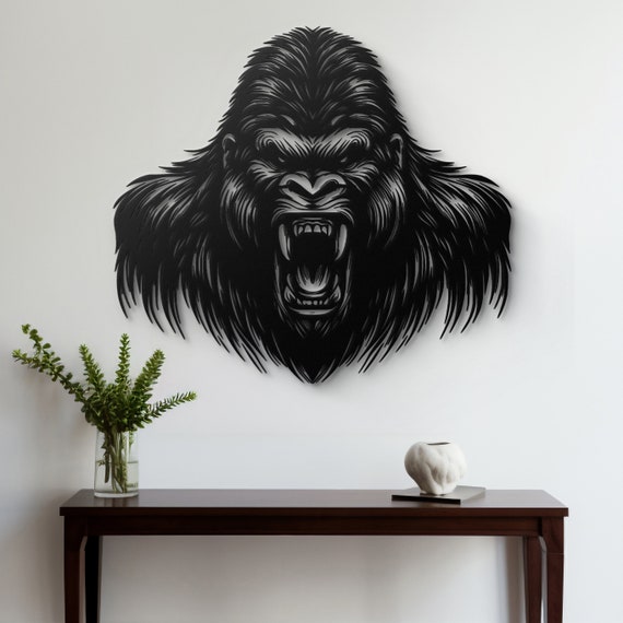 Fierce Gorilla Metal Wall Art - Powerful Wild Animal Decor for Living Room, Office, Man Cave, Unique Gorilla Head Wall Sculpture