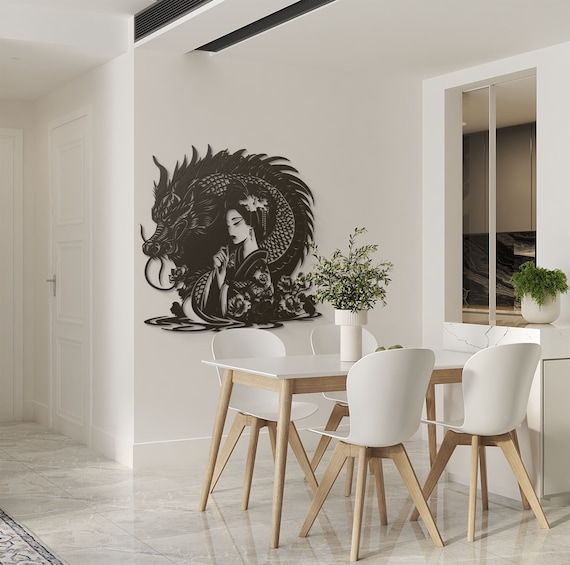 Metal Dragon Wall Art Geisha Wall Decor Game Room Decor Living Room Wall Art Bedroom Decor Dragon Decor Geisha Art Japanese Folklore