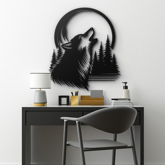 Howling Wolf Metal Wall Art - Moonlit Forest Scene - Nature Lover Gift - Rustic Home Decor - Wildlife Silhouette