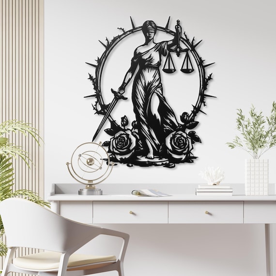 Lady Justice Metal Wall Art - Blindfolded Woman with Scales and Sword, Elegant Metal Art, Unique Wall Decor for Home or Office
