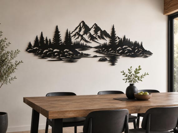 Metal Mountain Wall Art  Rustic Forest Cabin Decor,