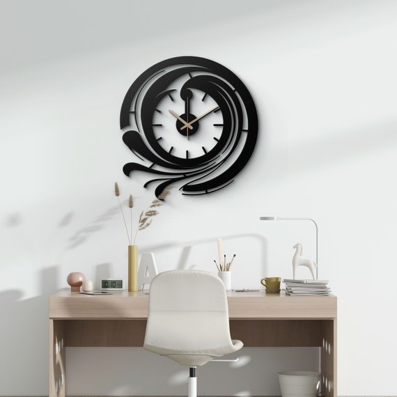 Modern Black Metal Wall Clock - Swirling Wave Design, Elegant Home Decor, Unique Wall Art for Living Room, Office, Bedroom
