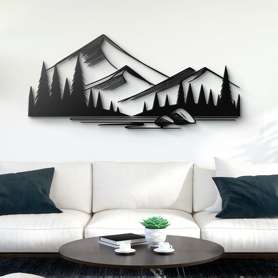 Stunning Black Metal Wall Art of Mountain Landscape with Trees & Lake – Ideal for Modern Home Decor - Gifts