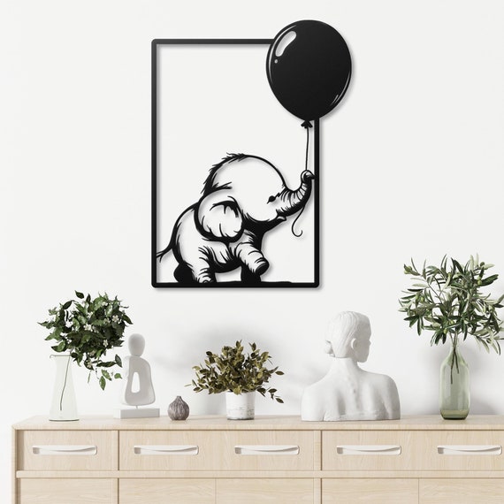 Adorable Baby Elephant with Balloon Metal Wall Art | Cute Nursery Wall Decor | Whimsical Elephant Metal Wall Hanging Perfect Baby Room Decor